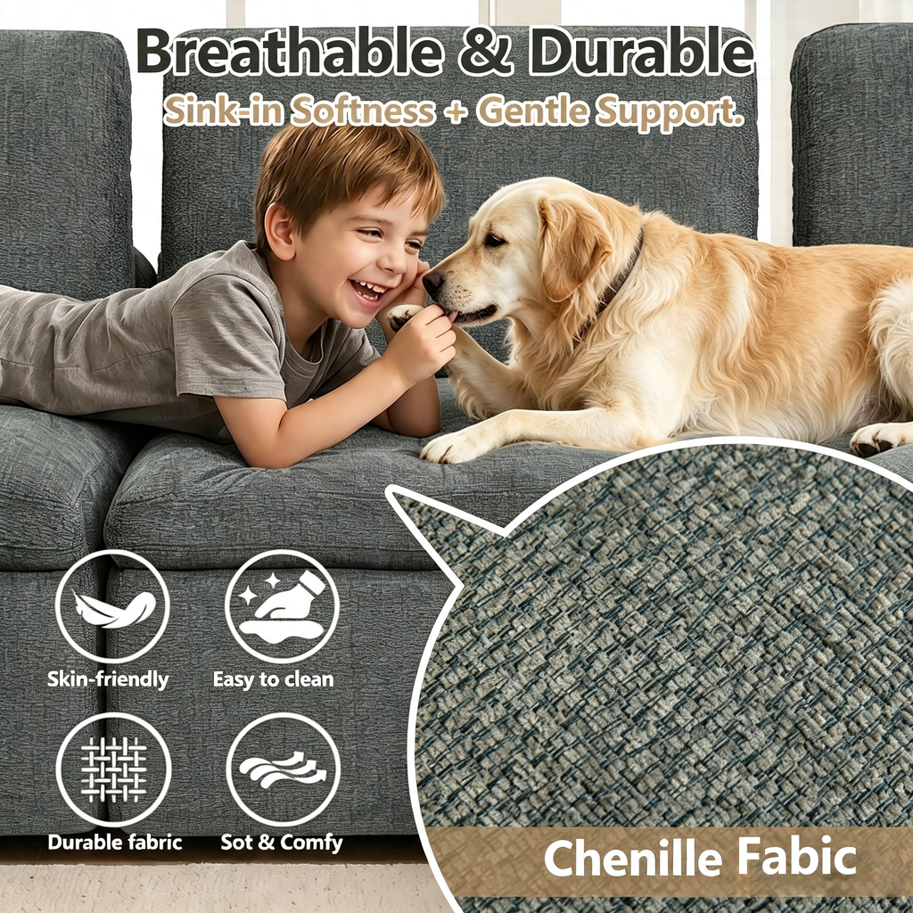 110" Modular Sectional Sofa with Ottoman,Boneless Cloud Couch with Double-Layer Memory Foam and Chenille Fabric,Deep Seat Comfortable Sofa for Living Room,Dark Gray,4 Seater L shaped