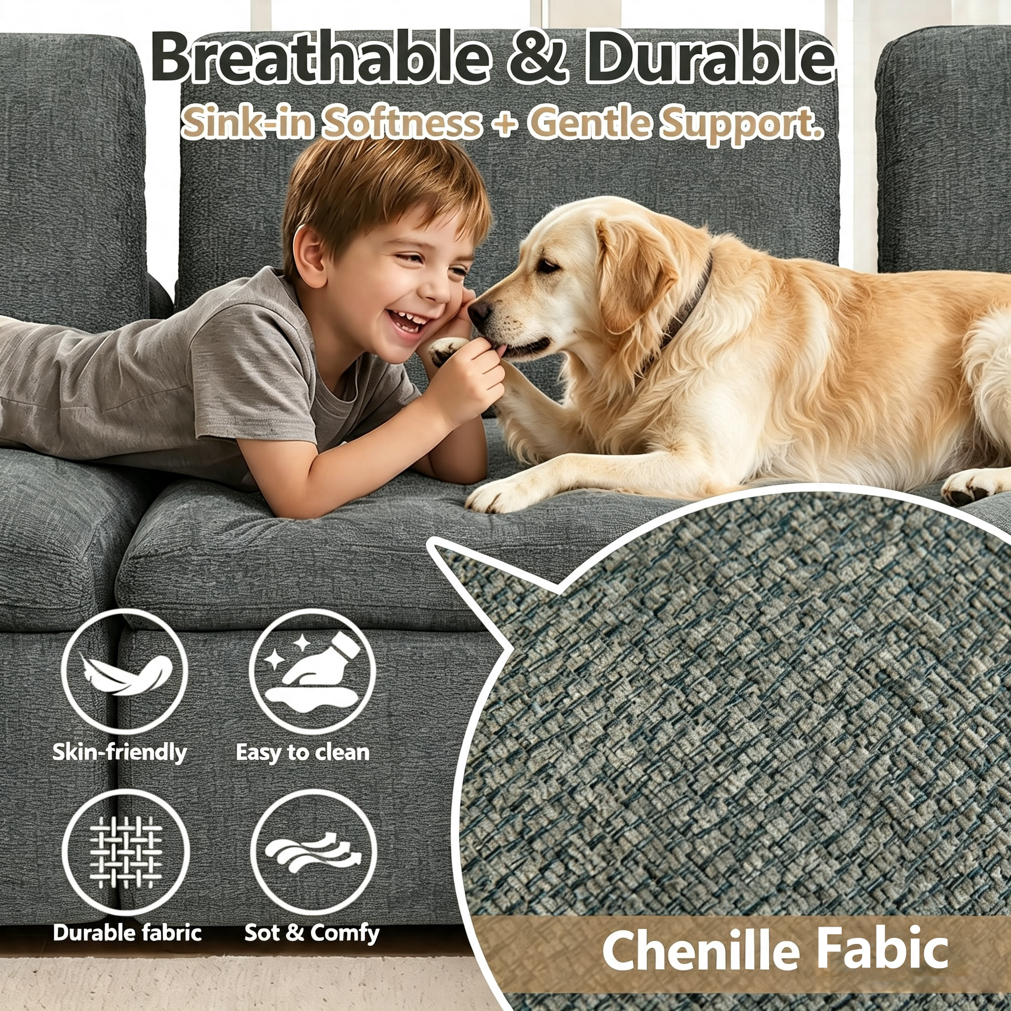 110" Modular Sectional Sofa with Ottoman,Boneless Cloud Couch with Double-Layer Memory Foam and Chenille Fabric,Deep Seat Comfortable Sofa for Living Room,Dark Gray,4 Seater L shaped