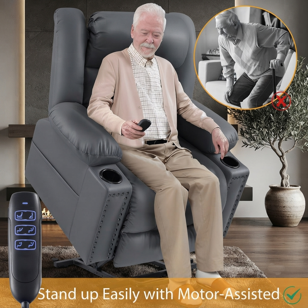 Triple Motor Power Lift Recliner Chair for Elderly with Heat & Vibration Massage,Extended Footrest,USB-A & USB-C Ports,Faux Leather,Grey