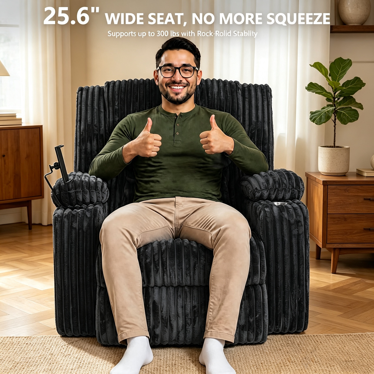 Oversized Power Swivel Rocker Recliner Chair,150° Power Reclining with Adjustable Headrest,Vibration Massage & Heat,270° Swivel,Overstuffed Wide Seat,USB & Type-C Charging,Corduroy,Dark Gray