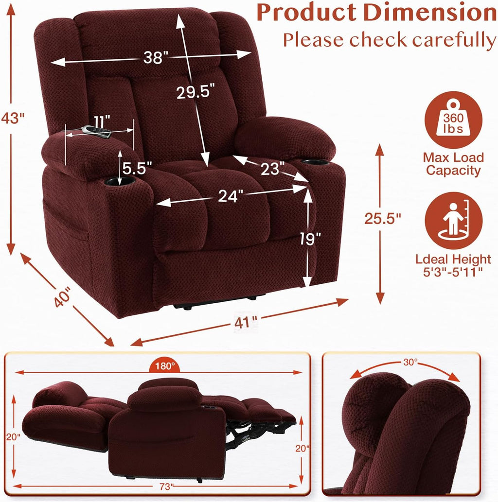 Triple Motor Power Lift Recliner Chair for Elderly,Large Wide Lay Flat Lift Chair with Infinite Position,Power Headrest,Heat & Vibration Massage,Heavy Duty Recliner for Big & Tall Seniors,RedMaroon
