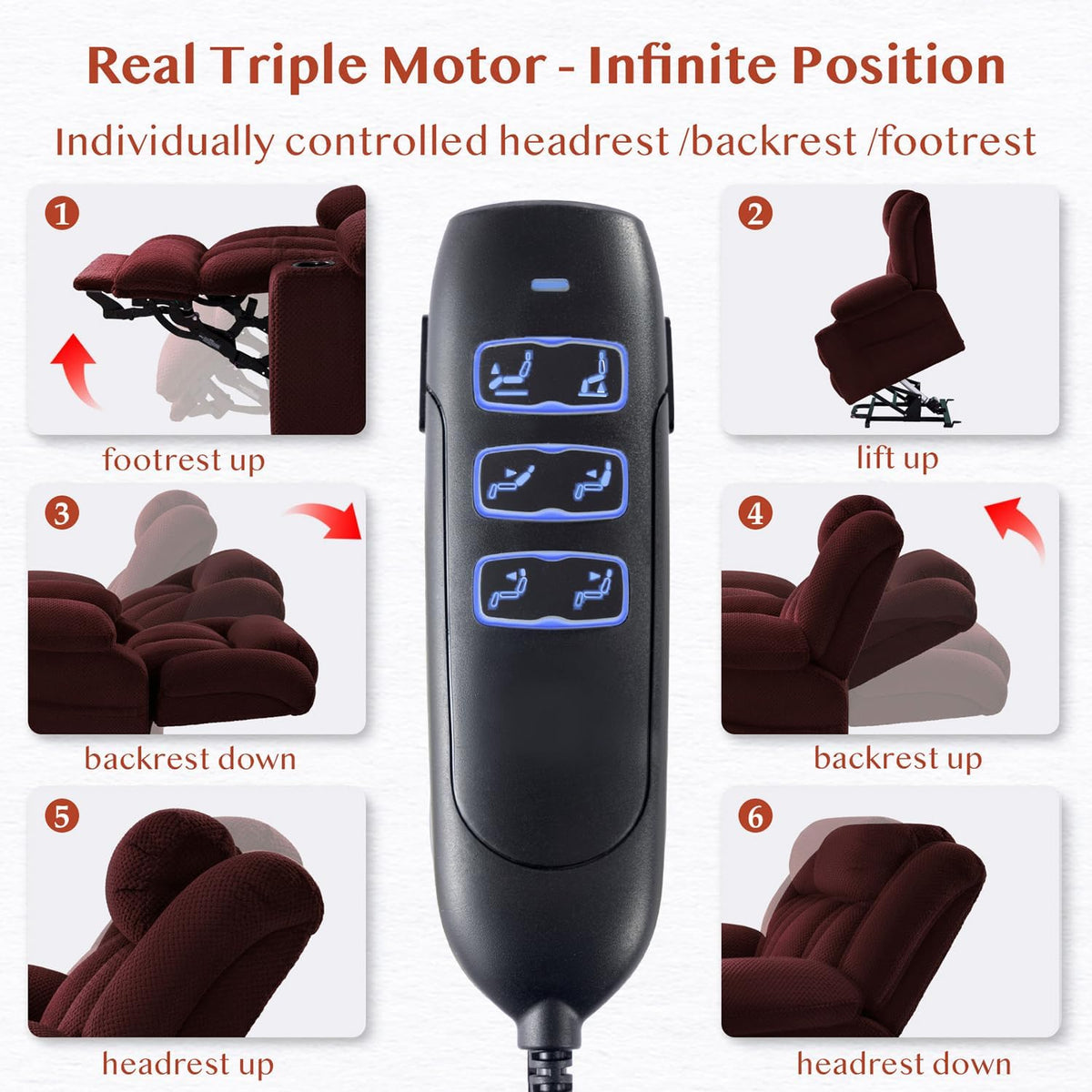 Triple Motor Power Lift Recliner Chair for Elderly,Large Wide Lay Flat Lift Chair with Infinite Position,Power Headrest,Heat & Vibration Massage,Heavy Duty Recliner for Big & Tall Seniors,RedMaroon
