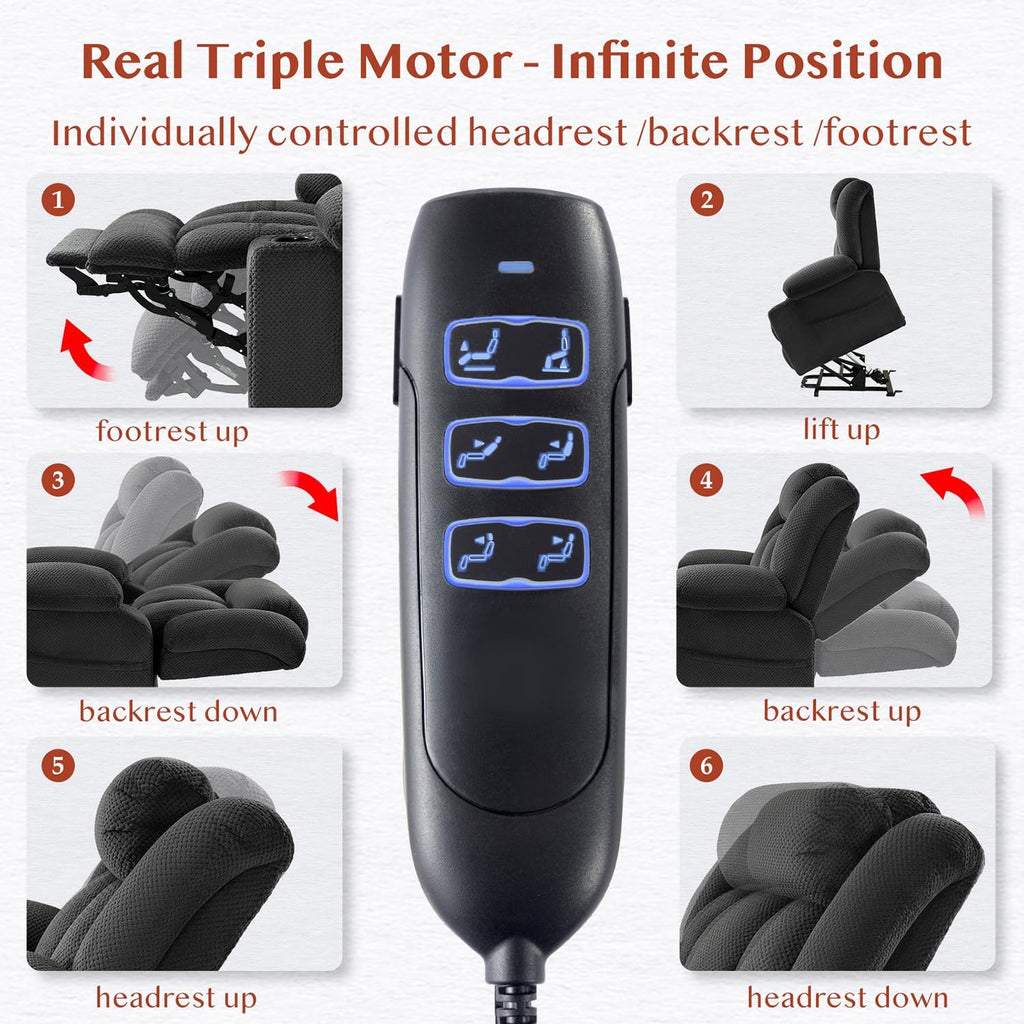 Triple Motor Power Lift Recliner Chair for Elderly,Large Wide Lay Flat Lift Chair with Infinite Position,Power Headrest,Heat & Vibration Massage,Heavy Duty Recliner for Big & Tall Seniors,Gray