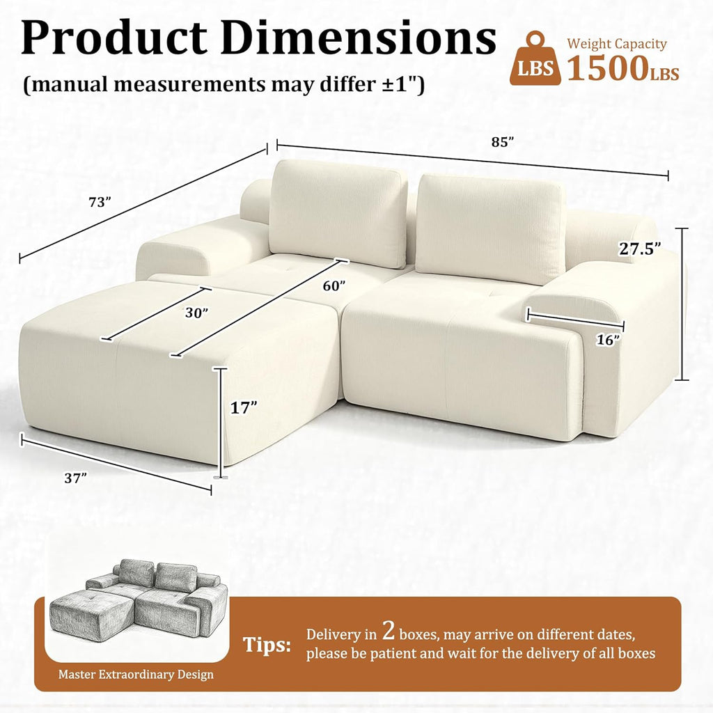 85" Modular Sectional Sofa,Cloud Couch with Extra Deep Seat & High Back,No Assembly,Soft Chenille Fabric,Memory Foam Couch for Living Room ,L shaped(2+1),Beige