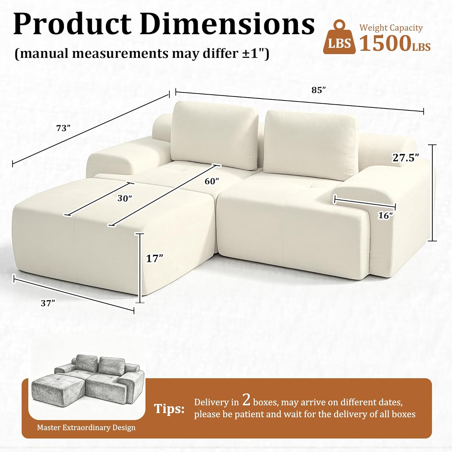 85" Modular Sectional Sofa,Cloud Couch with Extra Deep Seat & High Back,No Assembly,Soft Chenille Fabric,Memory Foam Couch for Living Room ,L shaped(2+1),Beige