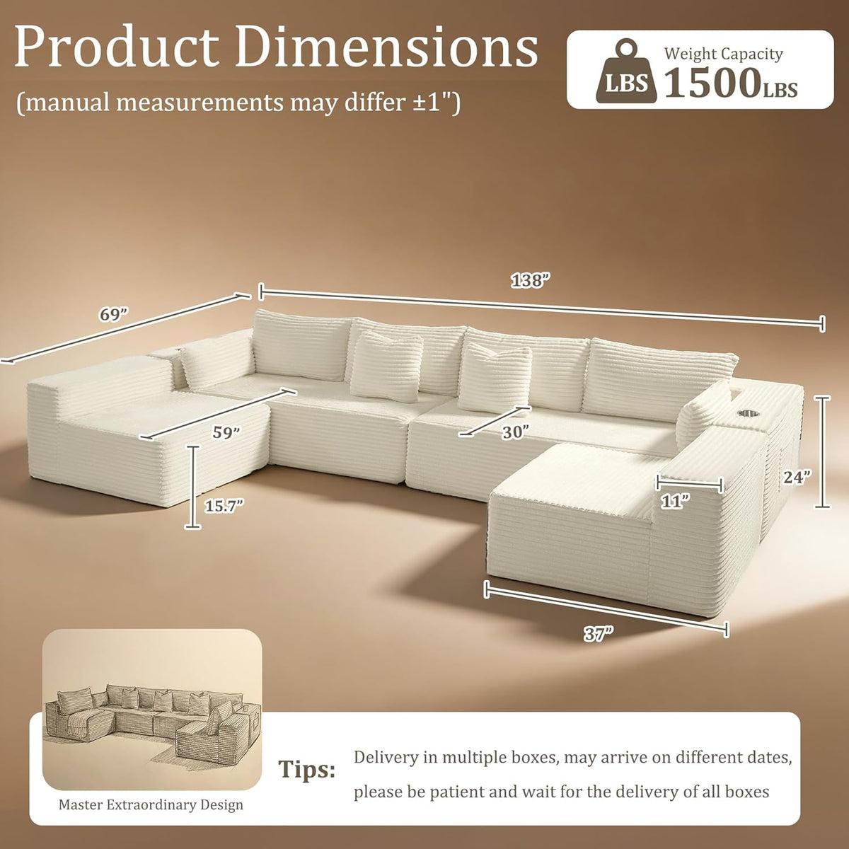 138"Modular Cloud Sectional Sofa with Chaise,Extra Deep Seat Corduroy Couch,Memory Foam,No Assembly,Living Room & Apartment,Beige