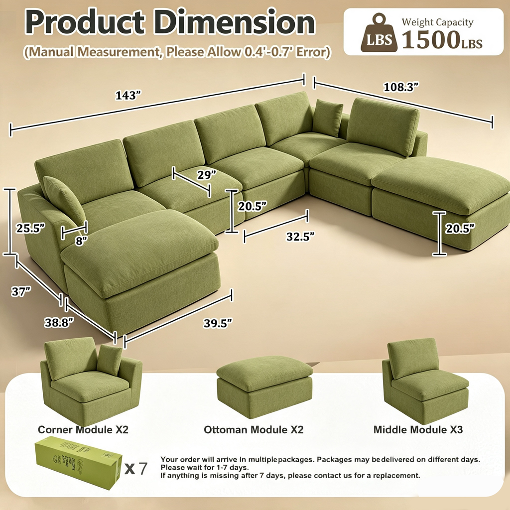 110" Modular Sectional Sofa with Ottoman,Boneless Cloud Couch with Double-Layer Memory Foam and Chenille Fabric,Deep Seat Comfortable Sofa for Living Room,Olive Green,5 Seater- U shaped