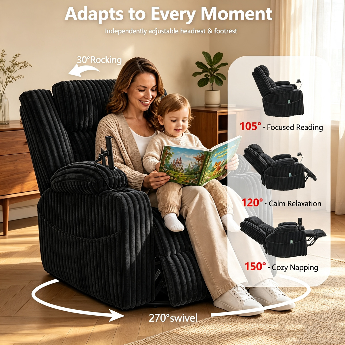 Oversized Power Swivel Rocker Recliner Chair,150° Power Reclining with Adjustable Headrest,Vibration Massage & Heat,270° Swivel,Overstuffed Wide Seat,USB & Type-C Charging,Corduroy,Dark Gray