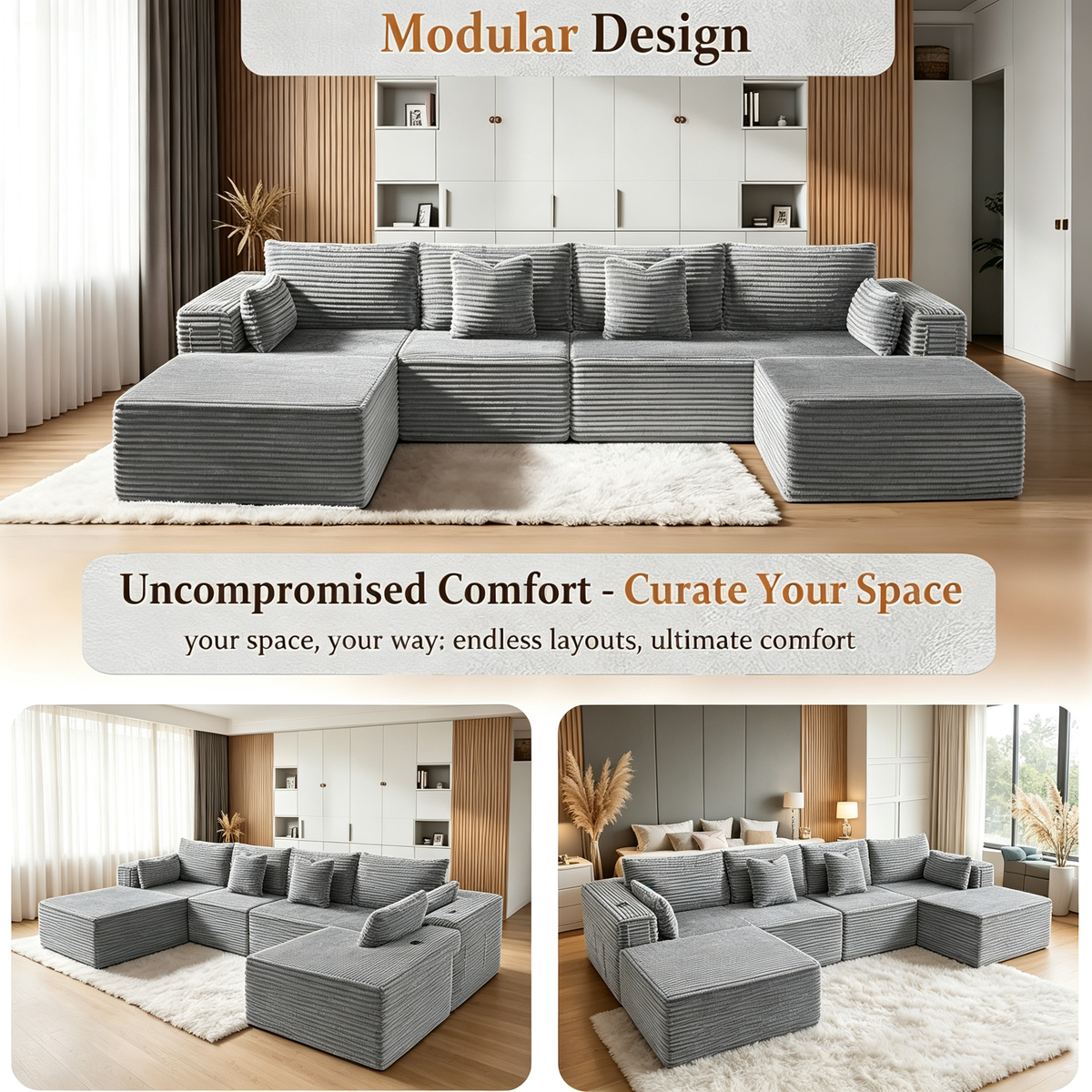 108"Modular Cloud Sectional Sofa with Chaise,Extra Deep Seat Corduroy Couch,Memory Foam,No Assembly,Living Room & Apartment,Light Gray