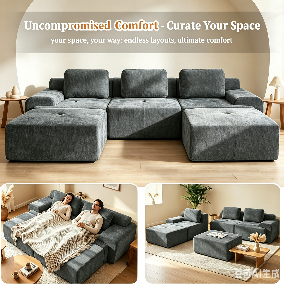 159" Modular Sectional Sofa,Cloud Couch with Extra Deep Seat & High Back,No Assembly,Soft Chenille Fabric,Memory Foam Couch for Living Room ,(4+0),Dark Gray