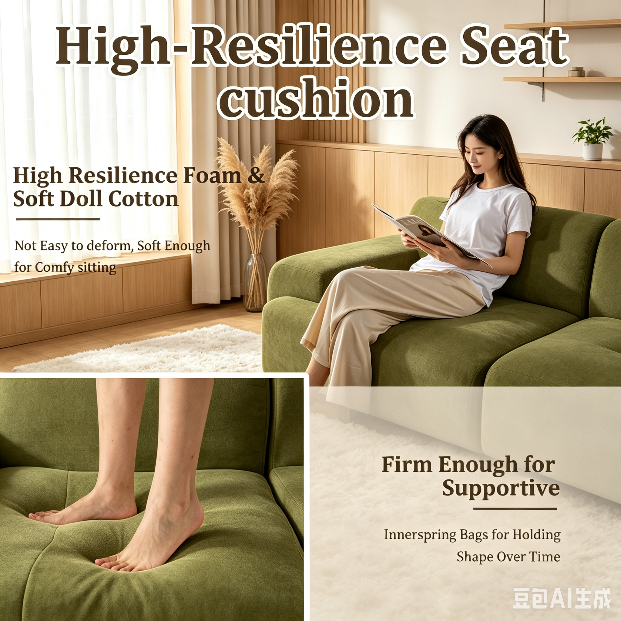 122" Modular Sectional Sofa,Cloud Couch with Extra Deep Seat & High Back,No Assembly,Soft Chenille Fabric,Memory Foam Couch for Living Room ,(3+0),Green