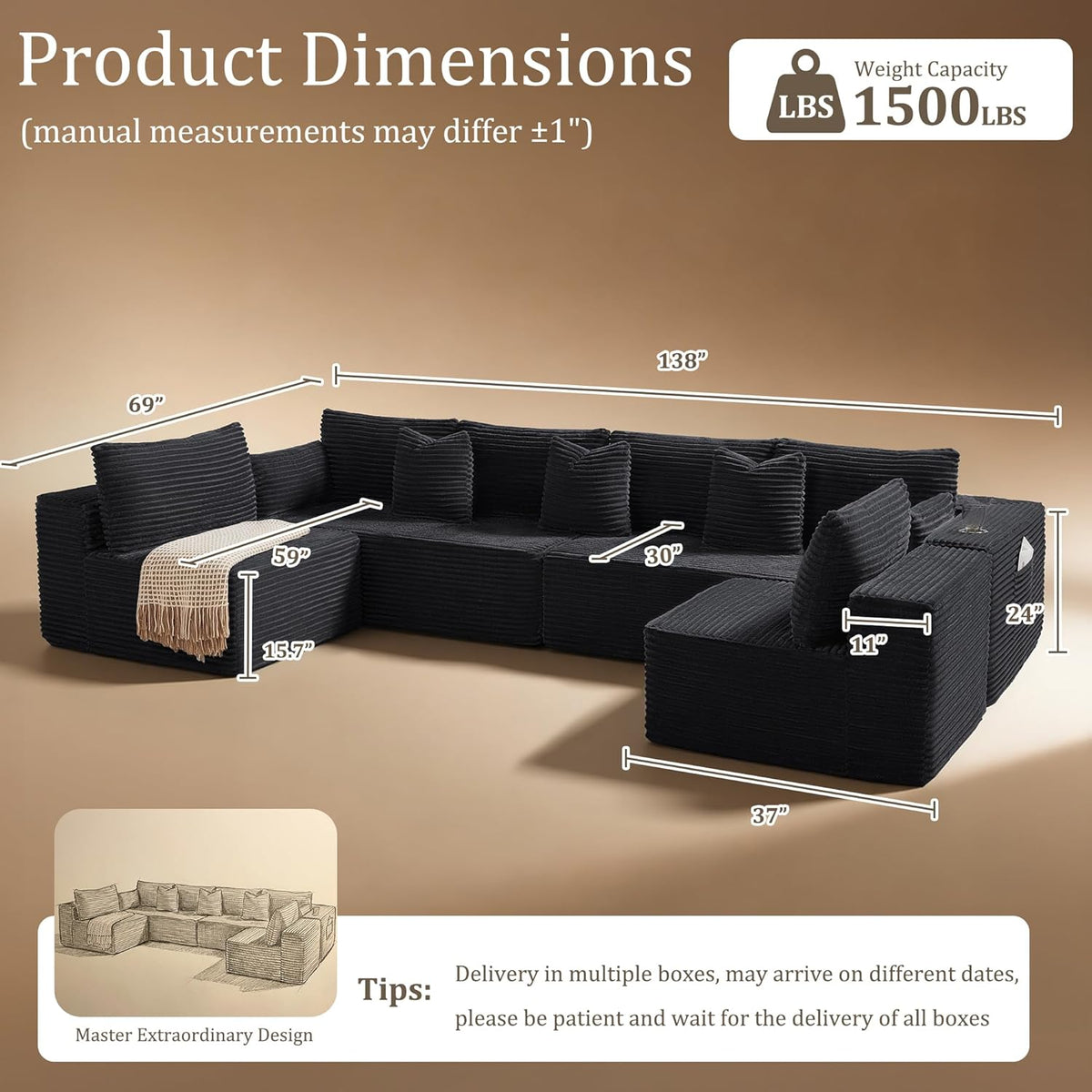 138"Modular Cloud Sectional Sofa with Chaise,Extra Deep Seat Corduroy Couch,Memory Foam,No Assembly,Living Room & Apartment,Black