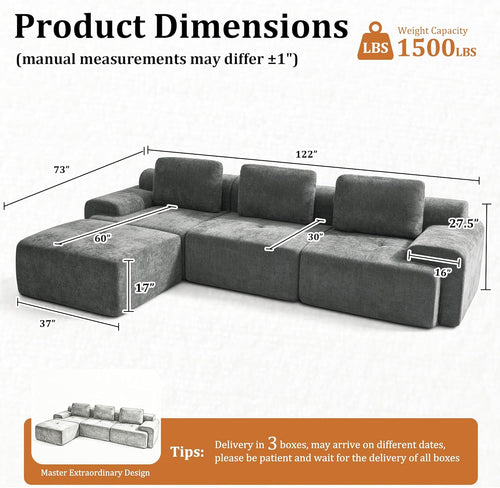 122" Modular Sectional Sofa,Cloud Couch with Extra Deep Seat & High Back,No Assembly,Soft Chenille Fabric,Memory Foam Couch for Living Room ,L shaped(3+1),Dark Gray