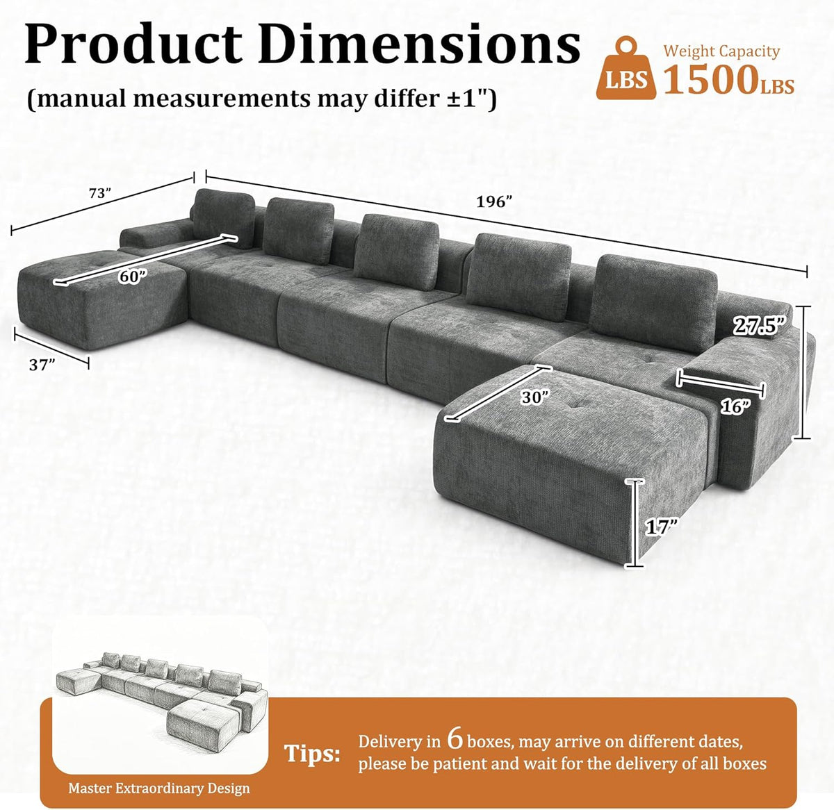 196" Modular Sectional Sofa,Cloud Couch with Extra Deep Seat & High Back,No Assembly,Soft Chenille Fabric,Memory Foam Couch for Living Room ,U shaped(5+2),Dark Gray