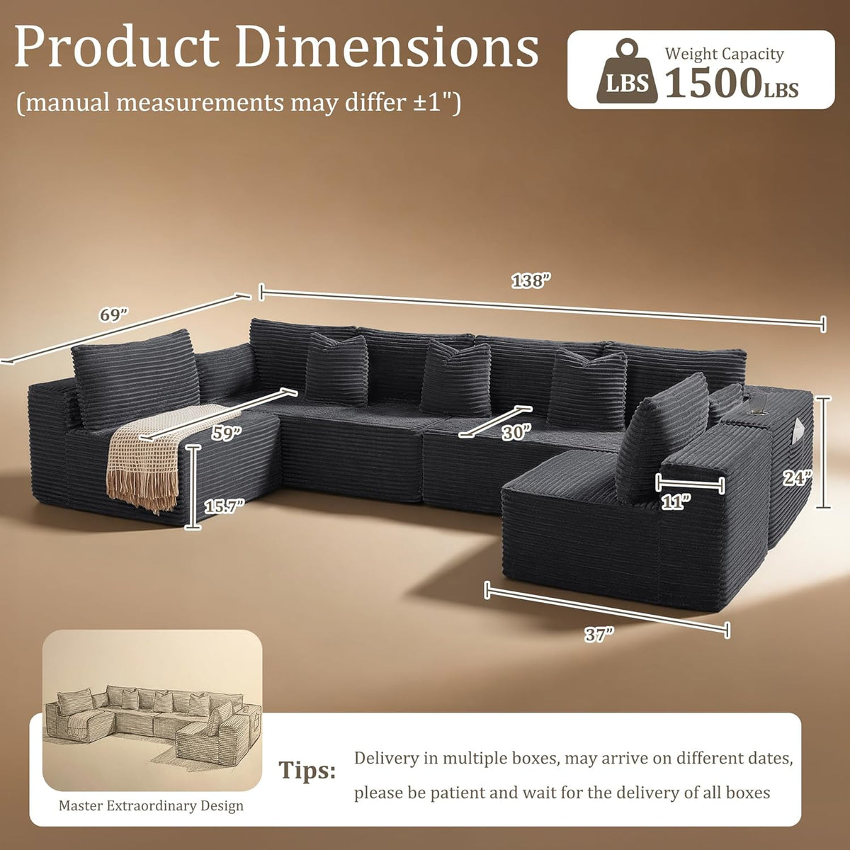 138"Modular Cloud Sectional Sofa with Chaise,Extra Deep Seat Corduroy Couch,Memory Foam,No Assembly,Living Room & Apartment,Dark Gray