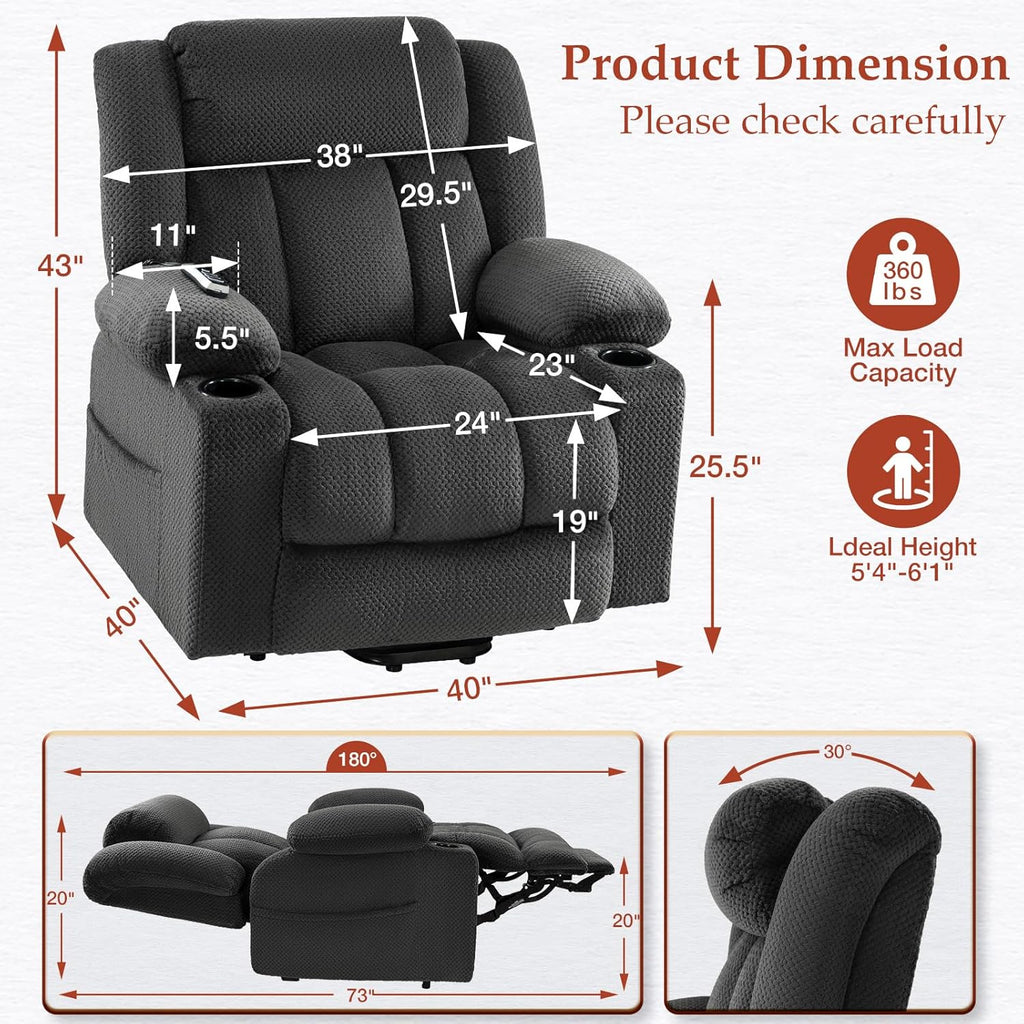 Triple Motor Power Lift Recliner Chair for Elderly,Large Wide Lay Flat Lift Chair with Infinite Position,Power Headrest,Heat & Vibration Massage,Heavy Duty Recliner for Big & Tall Seniors,Gray