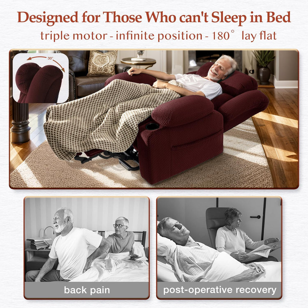 Triple Motor Power Lift Recliner Chair for Elderly,Large Wide Lay Flat Lift Chair with Infinite Position,Power Headrest,Heat & Vibration Massage,Heavy Duty Recliner for Big & Tall Seniors,RedMaroon
