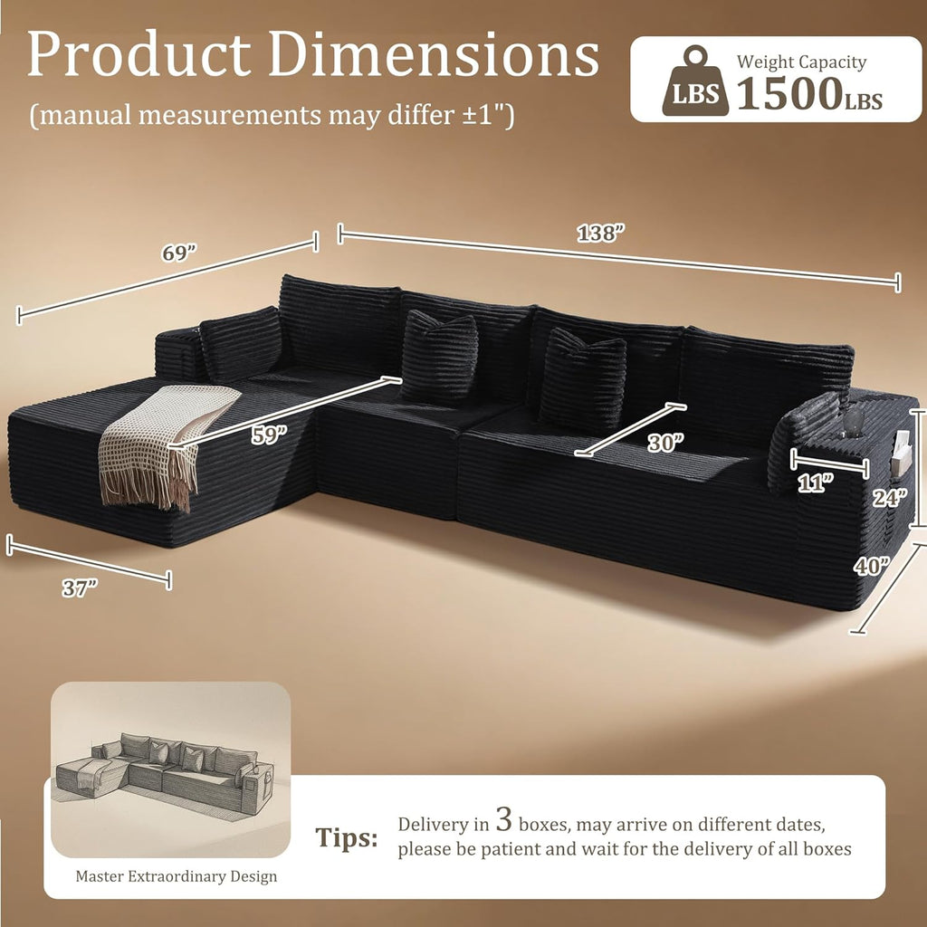 138"Modular Cloud Sectional Sofa with Chaise,Extra Deep Seat Corduroy Couch,Memory Foam,No Assembly,Living Room & Apartment,Black