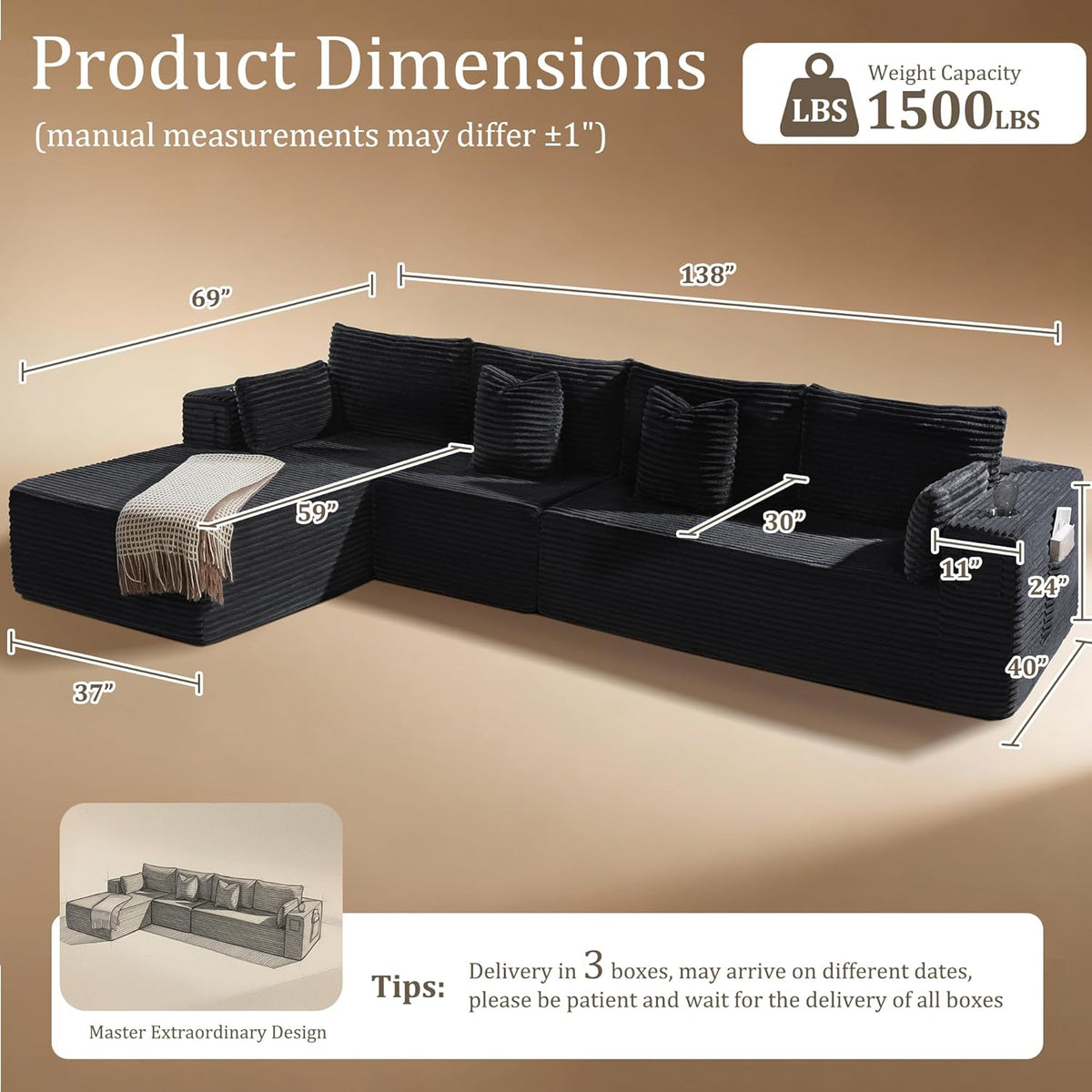 138"Modular Cloud Sectional Sofa with Chaise,Extra Deep Seat Corduroy Couch,Memory Foam,No Assembly,Living Room & Apartment,Dark Gray