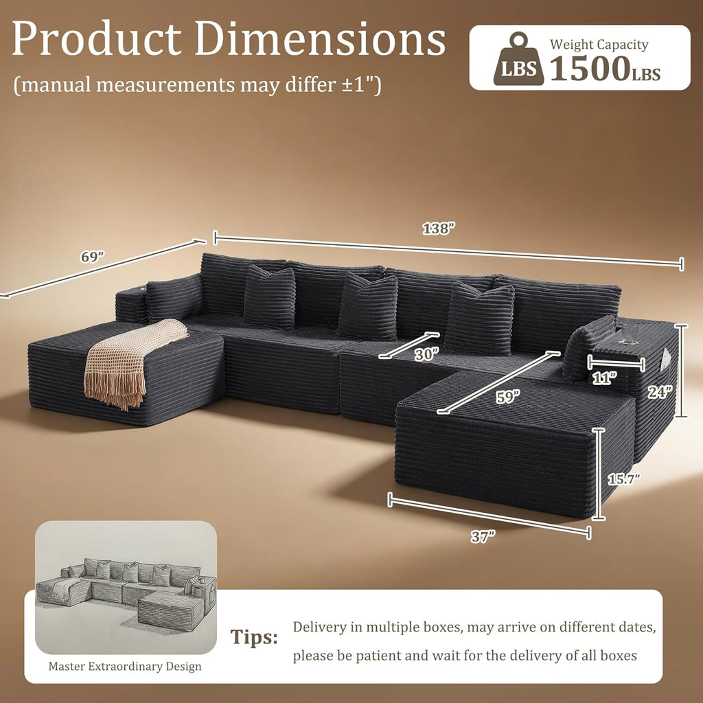 138"Modular Cloud Sectional Sofa with Chaise,Extra Deep Seat Corduroy Couch,Memory Foam,No Assembly,Living Room & Apartment,Dark Gray