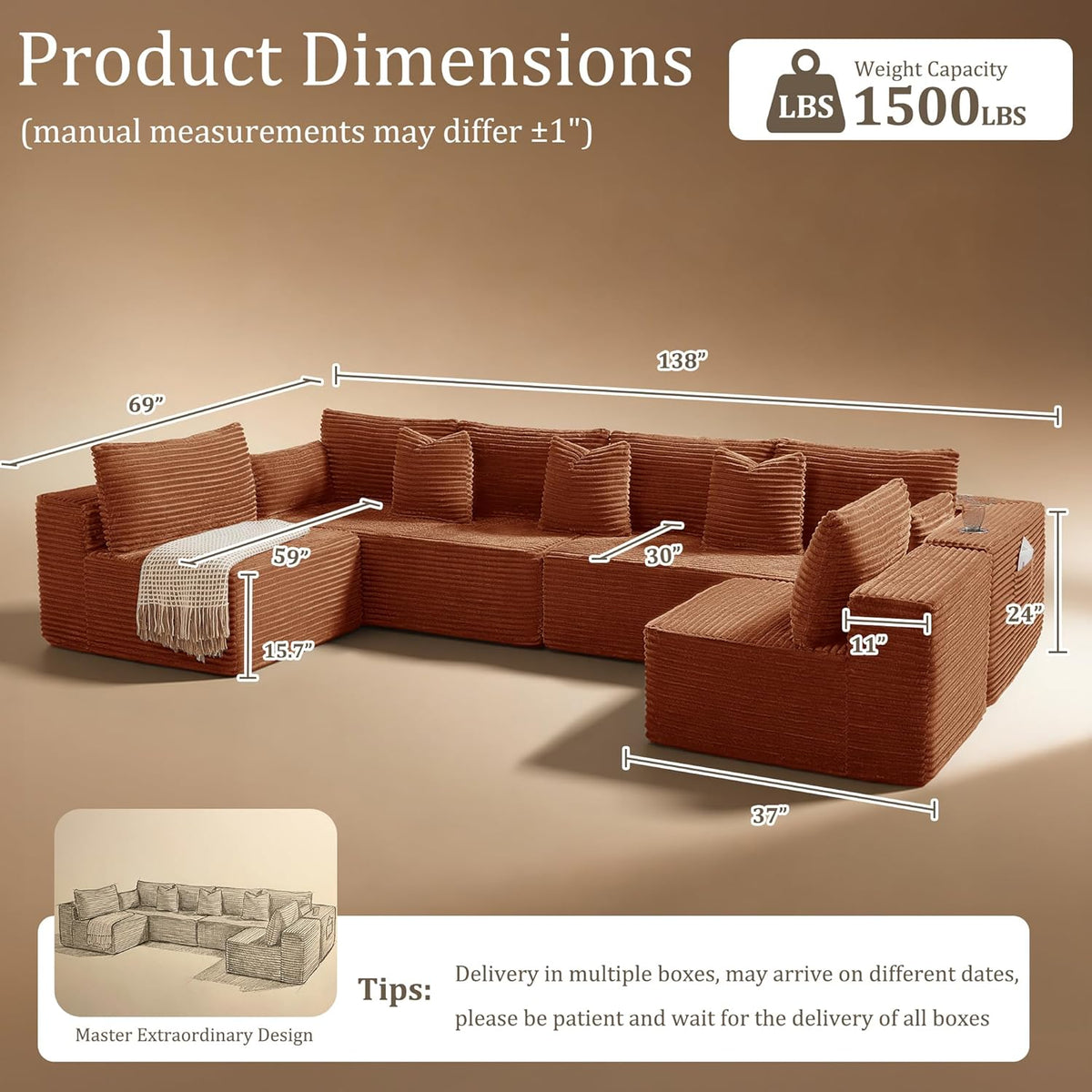 138"Modular Cloud Sectional Sofa with Chaise,Extra Deep Seat Corduroy Couch,Memory Foam,No Assembly,Living Room & Apartment,Orange