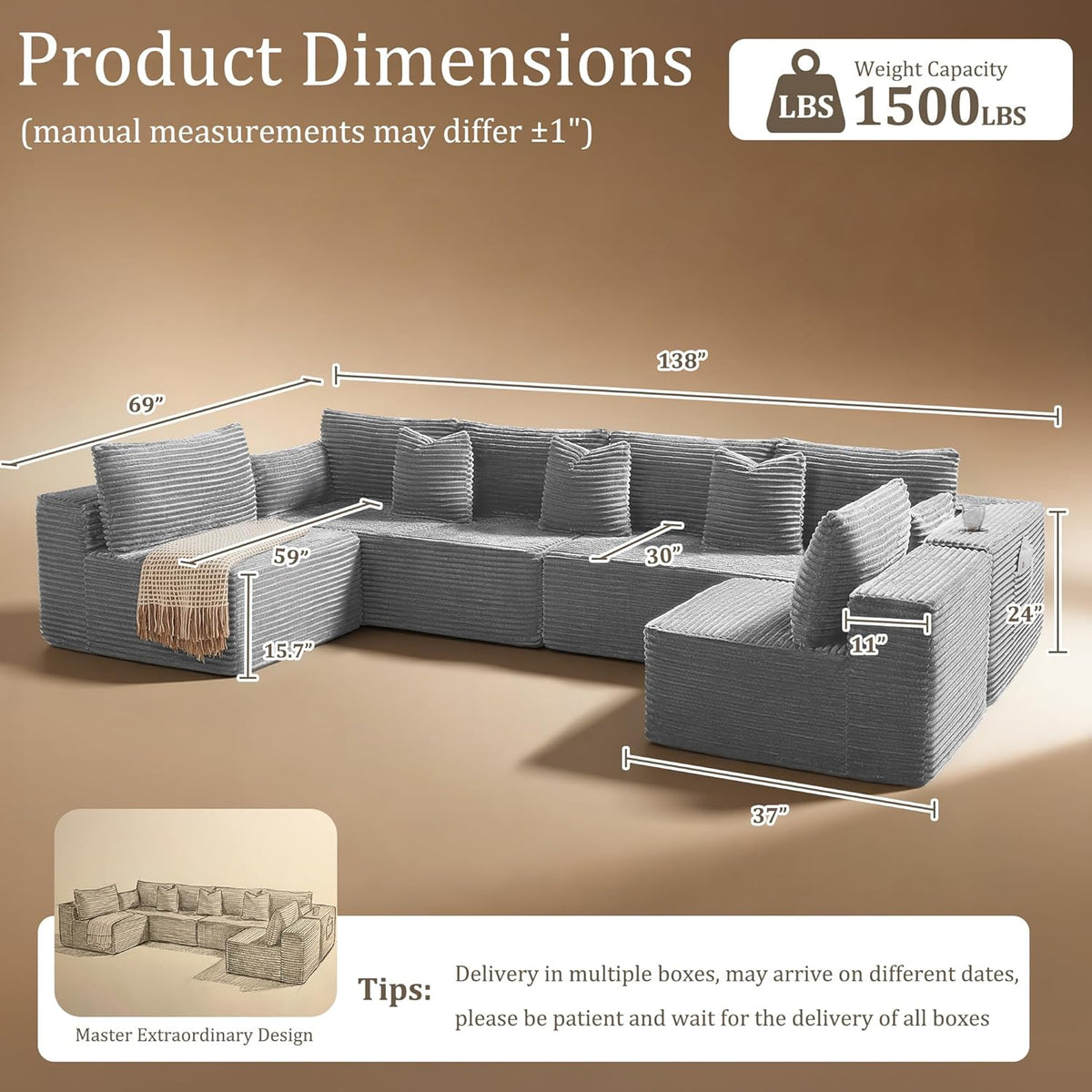 138"Modular Cloud Sectional Sofa with Chaise,Extra Deep Seat Corduroy Couch,Memory Foam,No Assembly,Living Room & Apartment,Light Gray