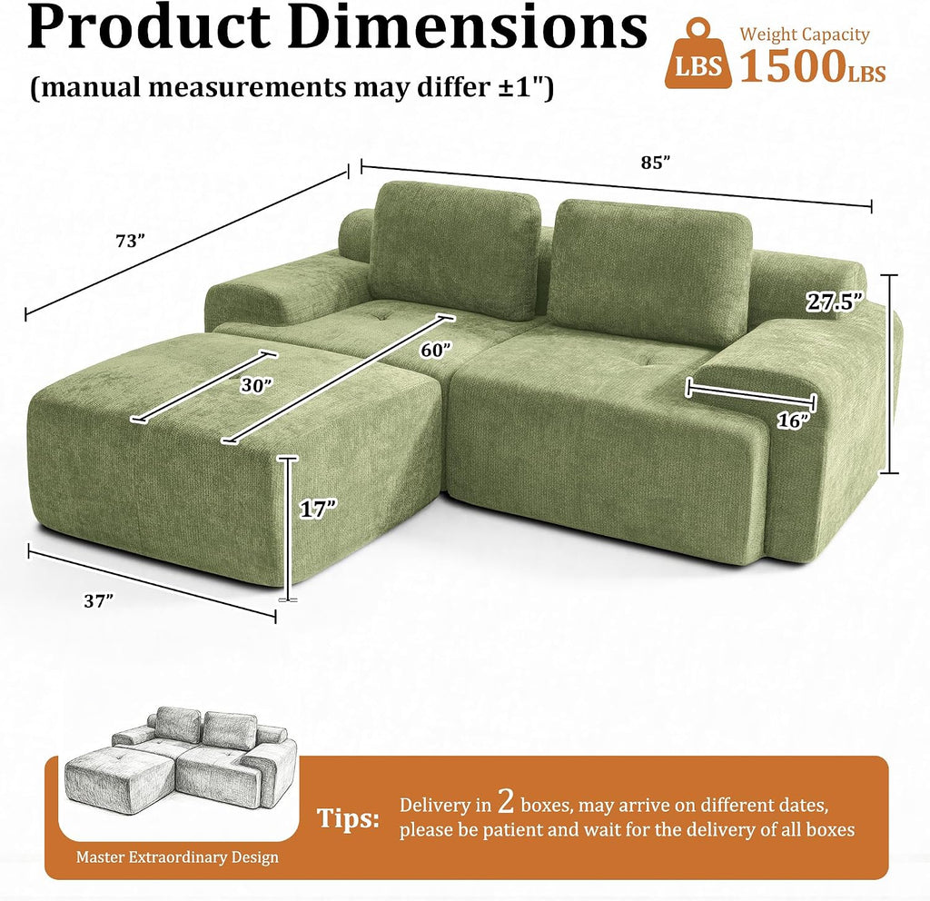 85" Modular Sectional Sofa,Cloud Couch with Extra Deep Seat & High Back,No Assembly,Soft Chenille Fabric,Memory Foam Couch for Living Room ,L shaped(2+1),Green