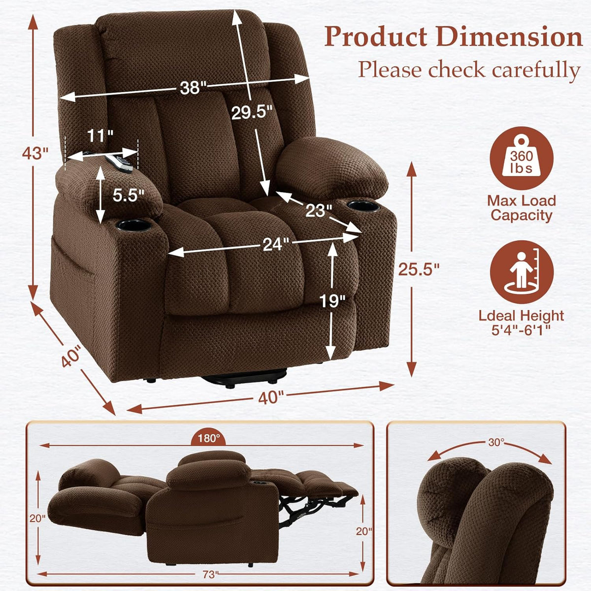 Triple Motor Power Lift Recliner Chair for Elderly,Large Wide Lay Flat Lift Chair with Infinite Position,Power Headrest,Heat & Vibration Massage,Heavy Duty Recliner for Big & Tall Seniors,Dark Brown