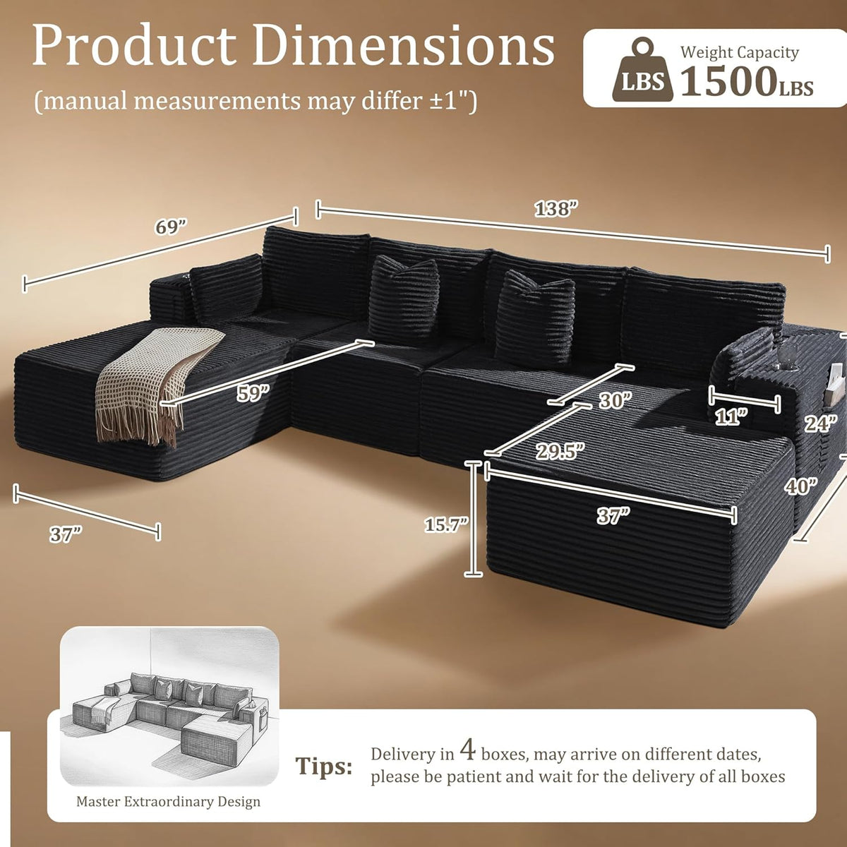 138"Modular Cloud Sectional Sofa with Chaise,Extra Deep Seat Corduroy Couch,Memory Foam,No Assembly,Living Room & Apartment,Black