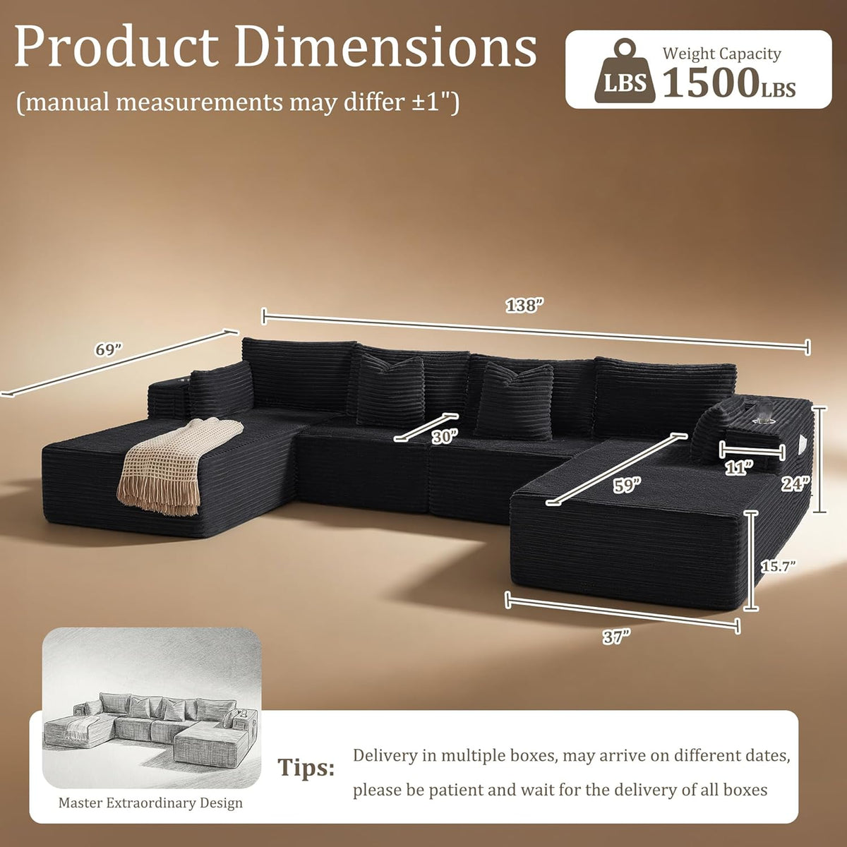 138"Modular Cloud Sectional Sofa with Chaise,Extra Deep Seat Corduroy Couch,Memory Foam,No Assembly,Living Room & Apartment,Black