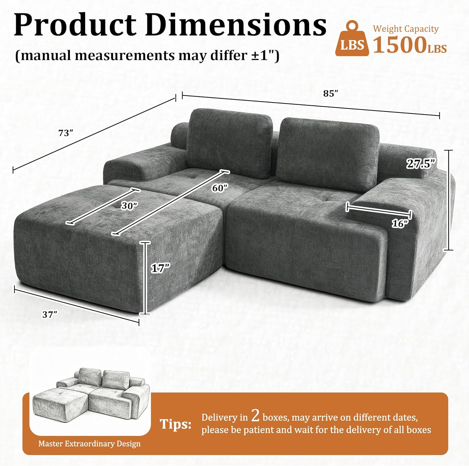 85" Modular Sectional Sofa,Cloud Couch with Extra Deep Seat & High Back,No Assembly,Soft Chenille Fabric,Memory Foam Couch for Living Room ,L shaped(2+1),Dark Gray