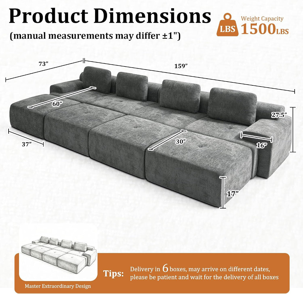 159" Modular Sectional Sofa,Cloud Couch with Extra Deep Seat & High Back,No Assembly,Soft Chenille Fabric,Memory Foam Couch for Living Room ,(4+0),Dark Gray