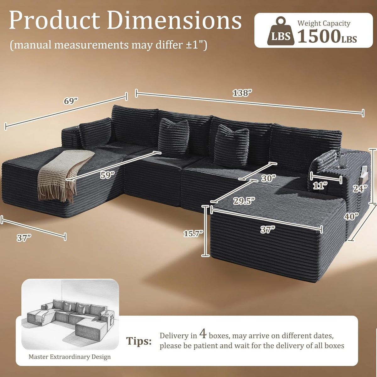138"Modular Cloud Sectional Sofa with Chaise,Extra Deep Seat Corduroy Couch,Memory Foam,No Assembly,Living Room & Apartment,Dark Gray