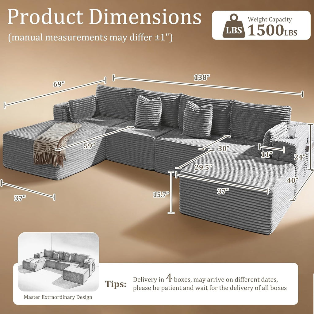138"Modular Cloud Sectional Sofa with Chaise,Extra Deep Seat Corduroy Couch,Memory Foam,No Assembly,Living Room & Apartment,Light Gray