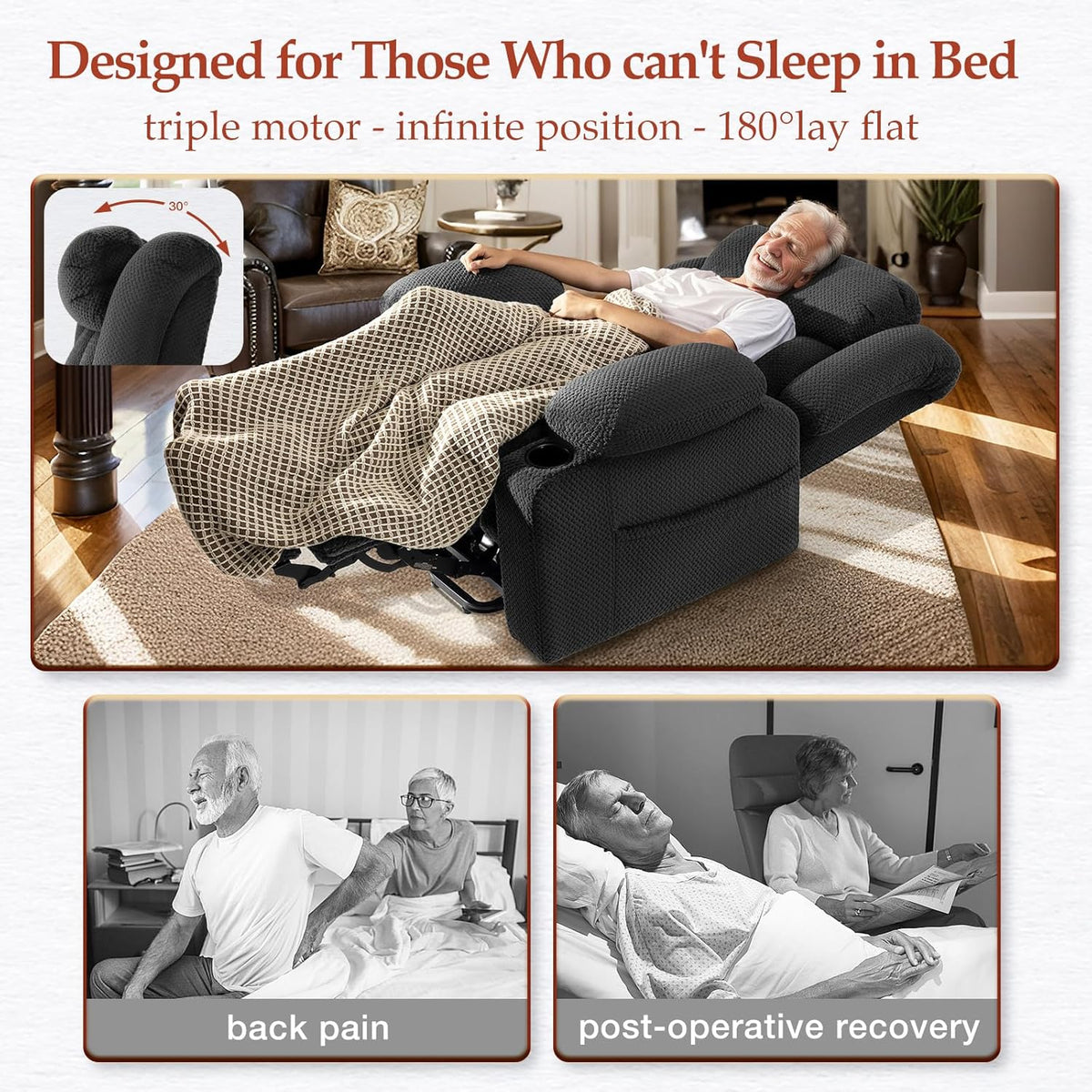 Triple Motor Power Lift Recliner Chair for Elderly,Large Wide Lay Flat Lift Chair with Infinite Position,Power Headrest,Heat & Vibration Massage,Heavy Duty Recliner for Big & Tall Seniors,Gray