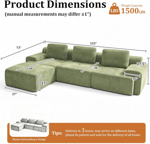 122" Modular Sectional Sofa,Cloud Couch with Extra Deep Seat & High Back,No Assembly,Soft Chenille Fabric,Memory Foam Couch for Living Room ,(3+0),Green
