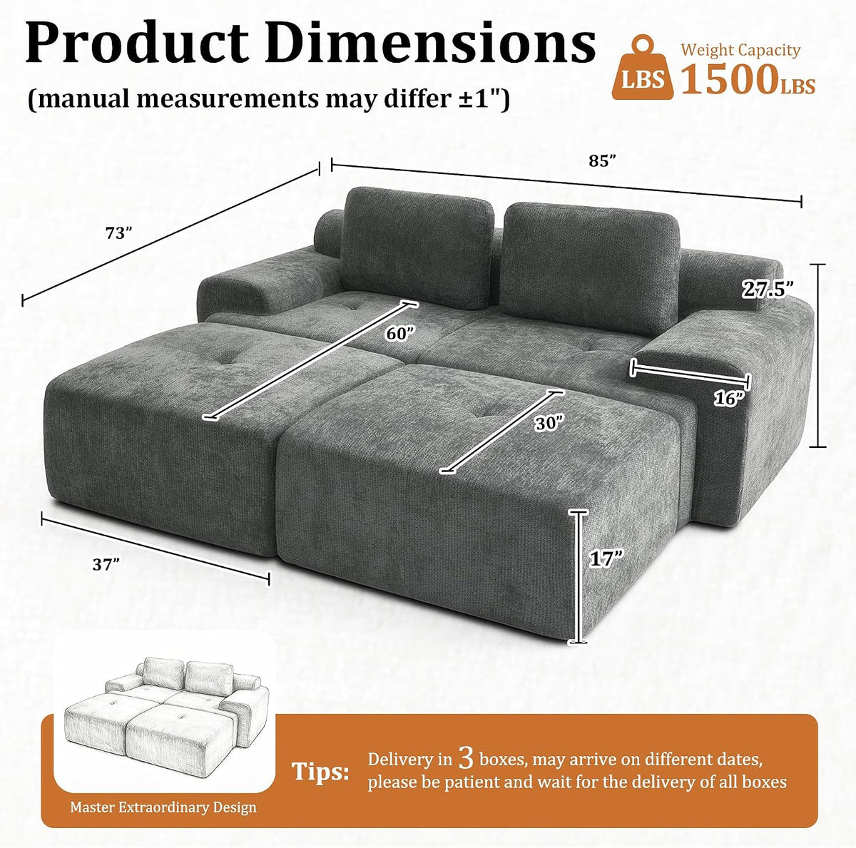 85" Modular Sectional Sofa,Cloud Couch with Extra Deep Seat & High Back,No Assembly,Soft Chenille Fabric,Memory Foam Couch for Living Room ,(2+2),Dark Gray