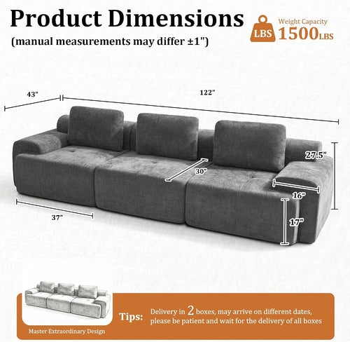 122" Modular Sectional Sofa,Cloud Couch with Extra Deep Seat & High Back,No Assembly,Soft Chenille Fabric,Memory Foam Couch for Living Room ,(3+0),Dark Gray