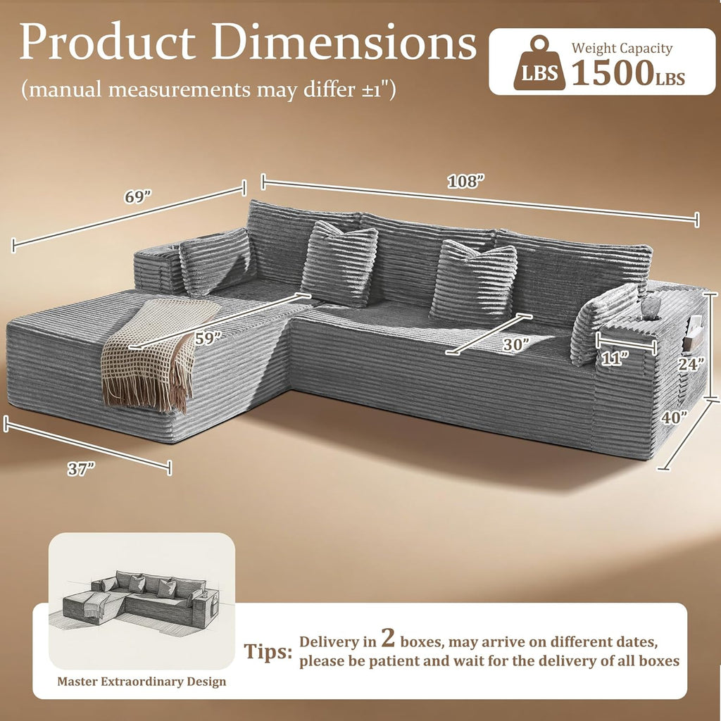 138"Modular Cloud Sectional Sofa with Chaise,Extra Deep Seat Corduroy Couch,Memory Foam,No Assembly,Living Room & Apartment,Light Gray