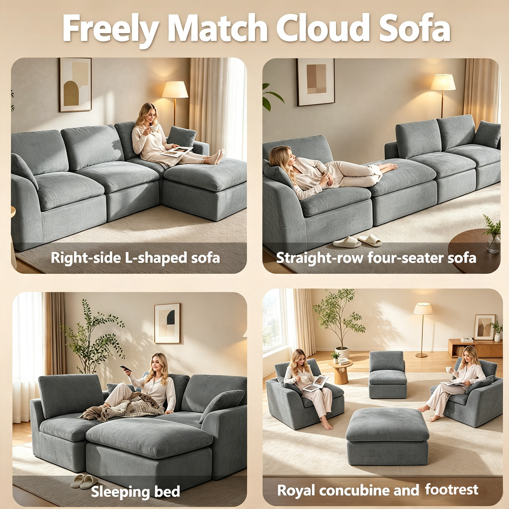 110" Modular Sectional Sofa with Ottoman,Boneless Cloud Couch with Double-Layer Memory Foam and Chenille Fabric,Deep Seat Comfortable Sofa for Living Room,Dark Gray,4 Seater L shaped