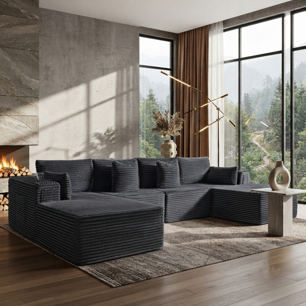 138"Modular Cloud Sectional Sofa with Chaise,Extra Deep Seat Corduroy Couch,Memory Foam,No Assembly,Living Room & Apartment,Dark Gray