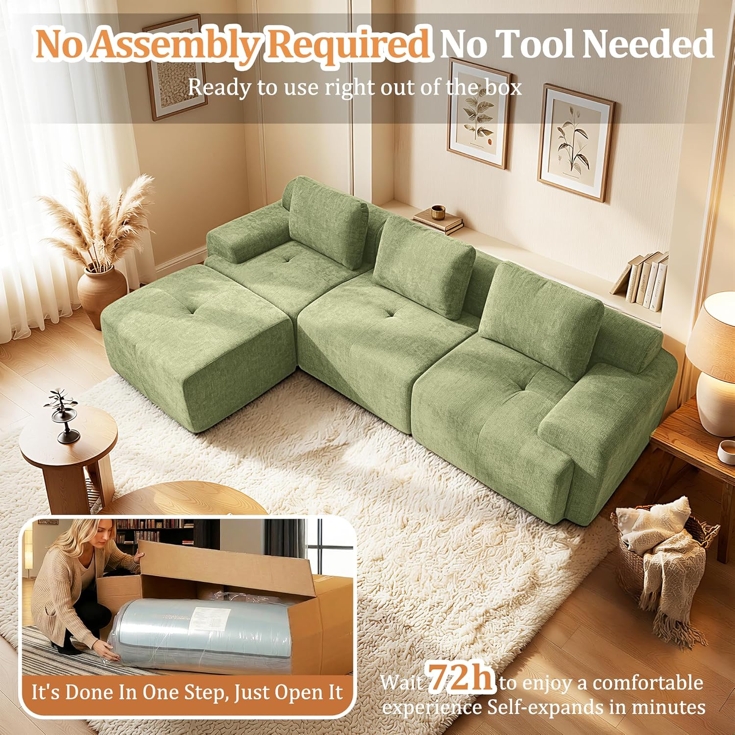 122" Modular Sectional Sofa,Cloud Couch with Extra Deep Seat & High Back,No Assembly,Soft Chenille Fabric,Memory Foam Couch for Living Room ,(3+0),Green