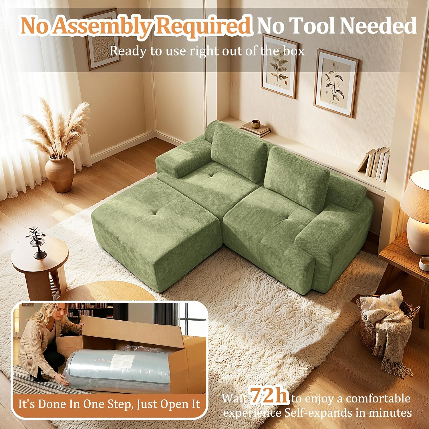 85" Modular Sectional Sofa,Cloud Couch with Extra Deep Seat & High Back,No Assembly,Soft Chenille Fabric,Memory Foam Couch for Living Room ,L shaped(2+1),Green