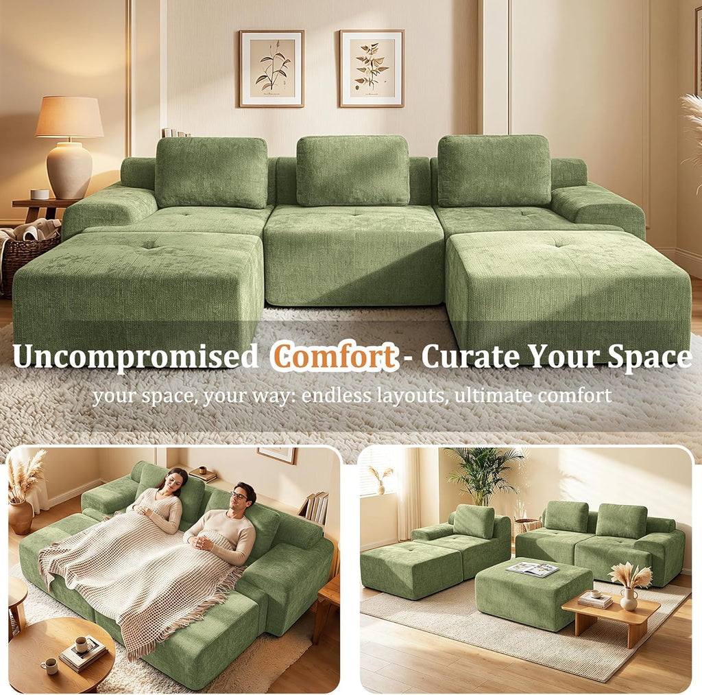 122" Modular Sectional Sofa,Cloud Couch with Extra Deep Seat & High Back,No Assembly,Soft Chenille Fabric,Memory Foam Couch for Living Room ,(3+0),Green
