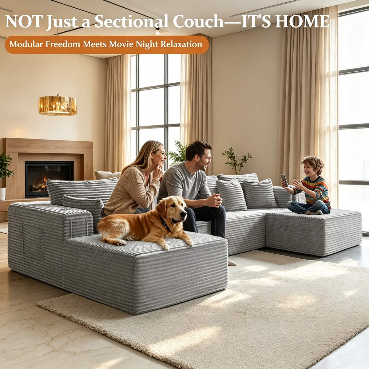 108"Modular Cloud Sectional Sofa with Chaise,Extra Deep Seat Corduroy Couch,Memory Foam,No Assembly,Living Room & Apartment,Light Gray