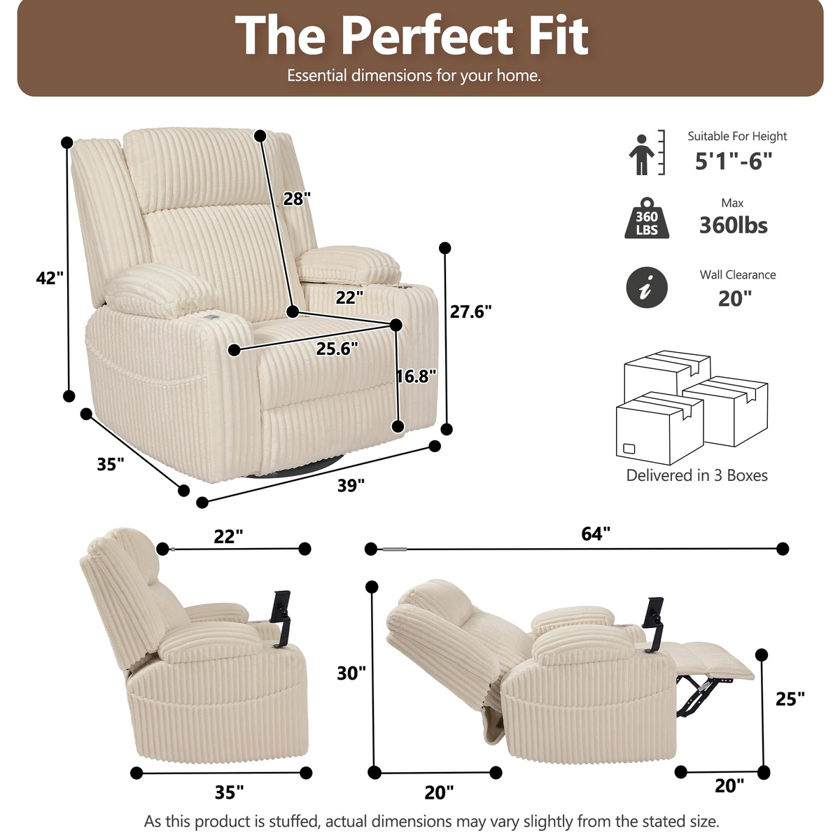 Oversized Power Swivel Rocker Recliner Chair,150° Power Reclining with Adjustable Headrest,Vibration Massage & Heat,270° Swivel,Overstuffed Wide Seat,USB & Type-C Charging,Corduroy,Beige