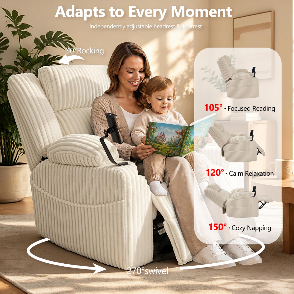 Oversized Power Swivel Rocker Recliner Chair,150° Power Reclining with Adjustable Headrest,Vibration Massage & Heat,270° Swivel,Overstuffed Wide Seat,USB & Type-C Charging,Corduroy,Beige