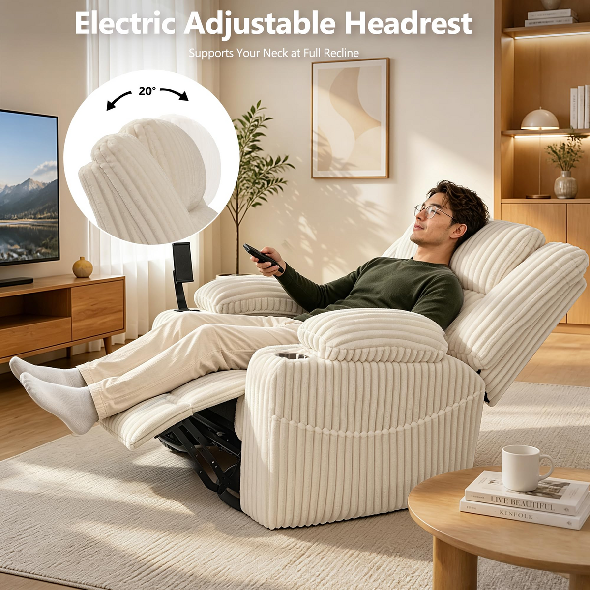 Oversized Power Swivel Rocker Recliner Chair,150° Power Reclining with Adjustable Headrest,Vibration Massage & Heat,270° Swivel,Overstuffed Wide Seat,USB & Type-C Charging,Corduroy,Beige