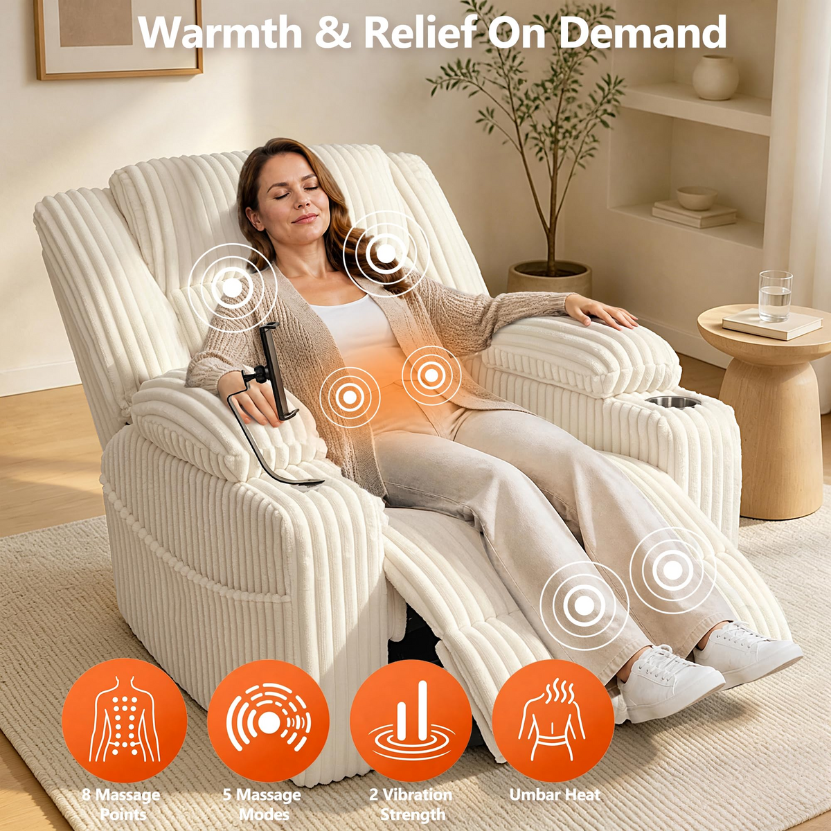 Oversized Power Swivel Rocker Recliner Chair,150° Power Reclining with Adjustable Headrest,Vibration Massage & Heat,270° Swivel,Overstuffed Wide Seat,USB & Type-C Charging,Corduroy,Beige