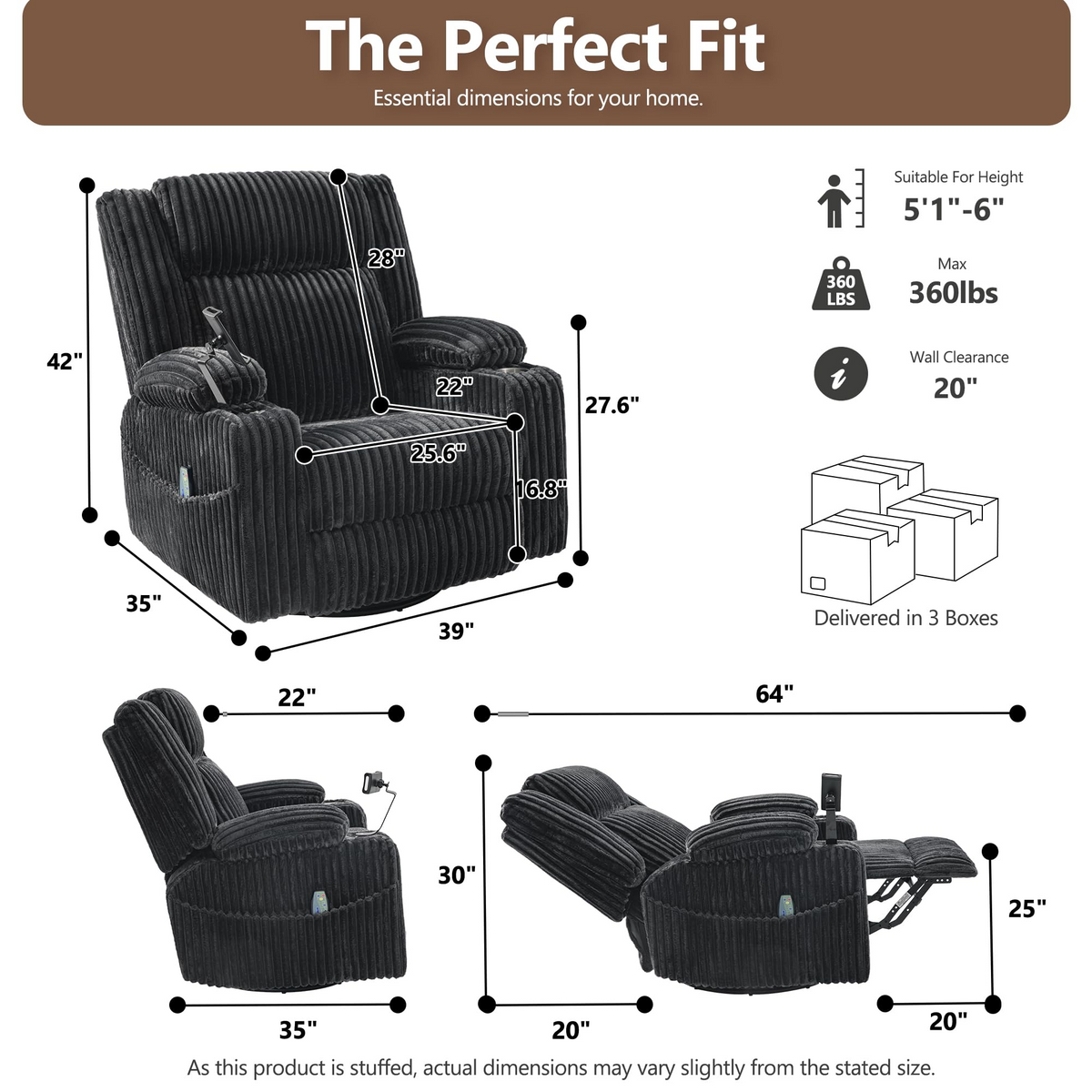 Oversized Power Swivel Rocker Recliner Chair,150° Power Reclining with Adjustable Headrest,Vibration Massage & Heat,270° Swivel,Overstuffed Wide Seat,USB & Type-C Charging,Corduroy,Dark Gray